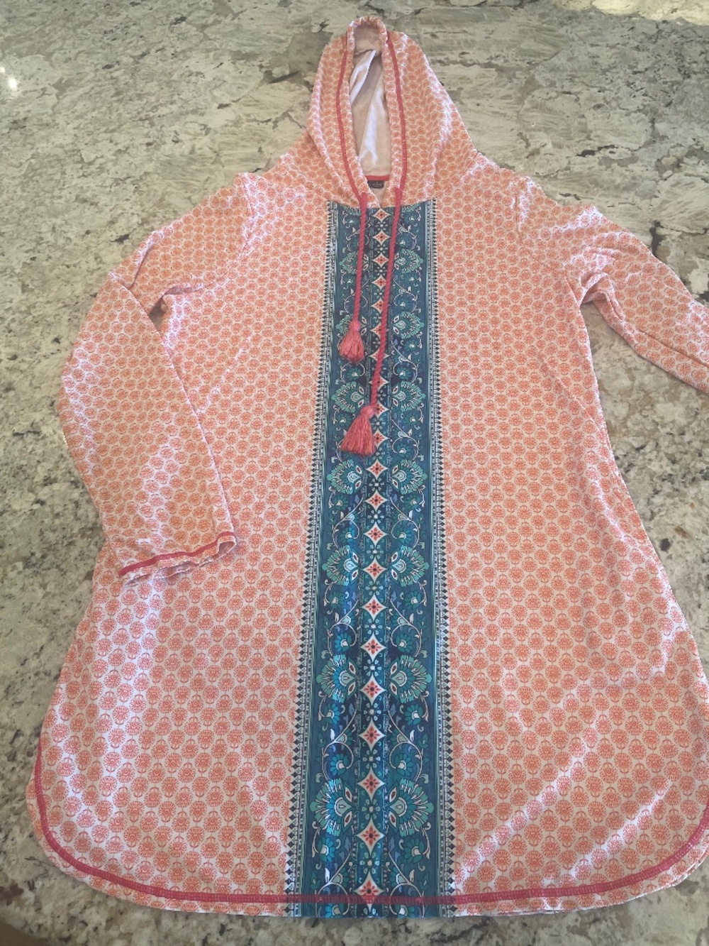 Aqua et Sol Long Sleeve Swim Coverup Hooded Print Coral Teal Beach UPF 50+ Large